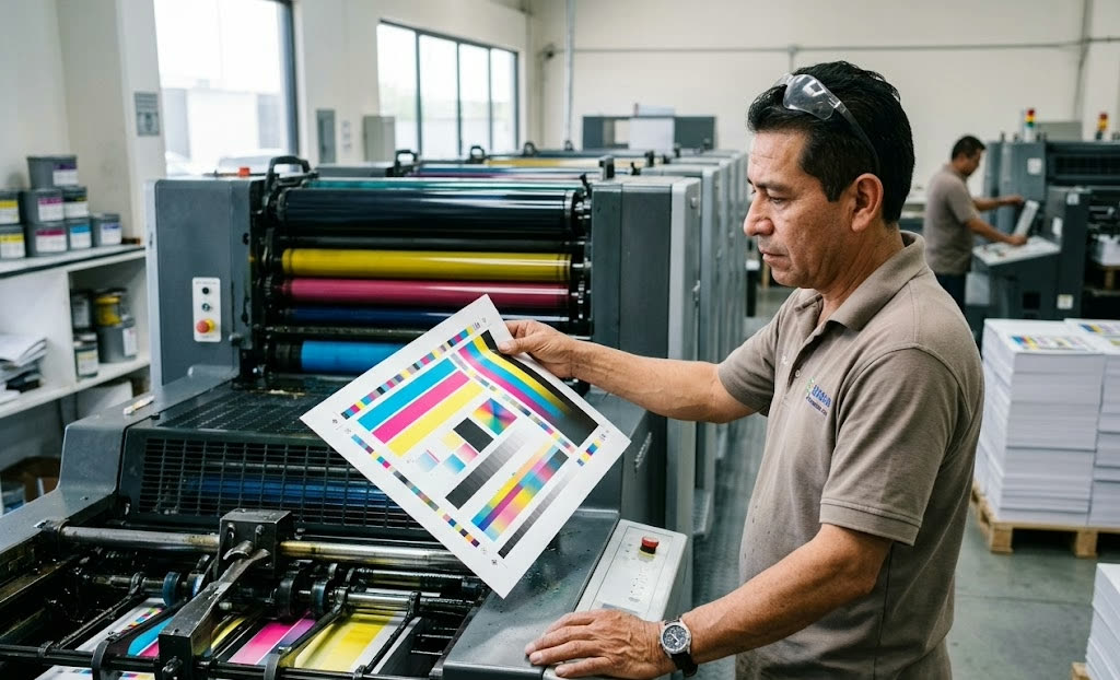 Operador revisando una hoja impresa en CMYK